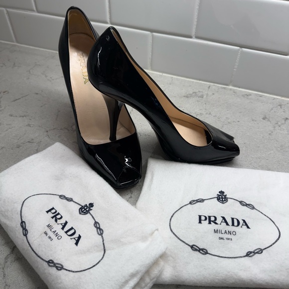 Prada Patent Leather Black Peep Toe Heels - Picture 1 of 5